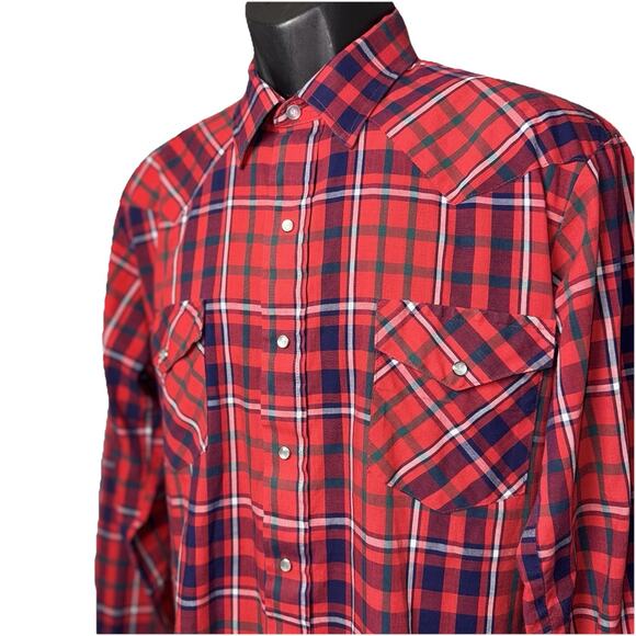 Vintage Karman Shirt Men Large Check Red Plaid Pearl Snap Western Cowboy 80s USA - Picture 2 of 7